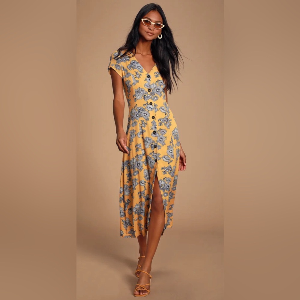 Yellow Floral Print Button Front Midi Dress